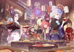Rule 34 | &gt; &lt;, + +, 6+girls, akari (blue archive), alternate costume, alternate hairstyle, blue archive, blurry, blurry background, braid, breasts, fireworks, flower, food, fuuka (blue archive), fuuka (new year) (blue archive), game cg, grey hair, hair flower, hair ornament, haruna (blue archive), haruna (new year) (blue archive), highres, horns, izumi (blue archive), japanese clothes, junko (blue archive), junko (new year) (blue archive), kimono, large breasts, looking at viewer, multiple girls, new year, night, official art, osechi, red eyes, side braid, wings