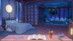 Rule 34 | bed, bed sheet, book, cd, cd case, cup, curtains, desk, drink, drinking glass, drinking straw, flower, indoors, night, no humans, open book, origami, original, pillow, sanxian (wufs4222), scenery, shelf, table, window