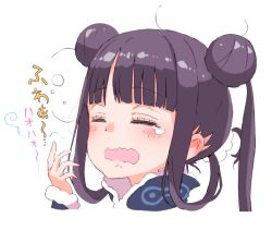 Rule 34 | 1girl, black hair, blunt bangs, blush, closed eyes, double bun, fate/grand order, fate (series), fur trim, gomennasai, hair bun, hand up, long hair, open mouth, portrait, simple background, solo, tears, translated, twintails, wavy mouth, white background, yang guifei (fate), yang guifei (first ascension) (fate), yawning