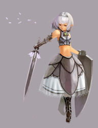 Rule 34 | 1girl, armor, boots, elbow gloves, gloves, hibi gakeppuchi, midriff, original, pointy ears, red eyes, shield, short hair, silver hair, solo, sword, weapon