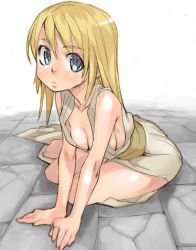 Rule 34 | 1girl, arm support, armpits, barefoot, blonde hair, blue eyes, breasts, cleavage, feet, female focus, heisa, long hair, looking at viewer, no bra, on ground, original, simple background, sitting, sleeveless, solo, tareme, white background