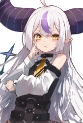 Rule 34 | 1girl, ahoge, ascot, bare shoulders, black horns, black nails, blush, fingernails, frown, highres, hololive, horns, la+ darknesss, long hair, looking at viewer, multicolored hair, nail polish, nyucha, pointy ears, purple hair, simple background, solo, streaked hair, striped horns, virtual youtuber, white background, white hair, yellow ascot, yellow eyes