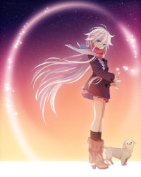 Rule 34 | 1girl, akiyoshi (tama-pete), blue eyes, braid, coat, dog, ia (vocaloid), long hair, looking at viewer, pink hair, pink skirt, red scarf, scarf, skirt, sky, star (sky), starry sky, vocaloid