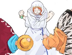 Rule 34 | 1girl, 2boys, anger vein, bad id, bad twitter id, buttons, clenched hands, clenched teeth, closed eyes, coat, commentary request, hat, head bump, joman, korean commentary, log pose, monkey d. luffy, multiple boys, nami (one piece), one piece, orange hair, red coat, roronoa zoro, simple background, single sidelock, straw hat, teeth, veil, white background