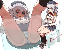 Rule 34 | &gt;:d, 10s, 1girl, :d, against glass, ass, ass on glass, bad id, bad pixiv id, beret, blue eyes, breasts, cameltoe, chair, dakunesu, epaulettes, from below, glass, groin, hat, jacket, kantai collection, kashima (kancolle), long hair, looking at viewer, medium breasts, military jacket, multiple views, open mouth, panties, pantyshot, partially visible vulva, silver hair, sitting, smile, thighs, underwear, v-shaped eyebrows, wavy hair