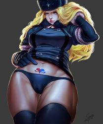 Rule 34 | 1girl, 2021, abs, adjusting hair, artist name, black gloves, black panties, black thighhighs, blonde hair, blue eyes, breasts, buttons, cleft of venus, clitoris, clothes lift, coat, erect clitoris, eyebrows, fur hat, fur trim, gloves, gluteal fold, hat, highres, kolin, large breasts, lips, long hair, looking away, muscular, muscular female, navel, panties, pointing, pubic tattoo, pussy, skirt, skirt lift, solo, standing, street fighter, street fighter v, tattoo, thick thighs, thighhighs, thighs, underwear, ushanka, wavy hair, wide hips, winter clothes, winter coat, xxx1320