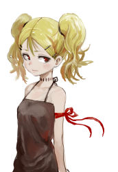 Rule 34 | 1girl, blonde hair, brown dress, dress, hair ornament, hairclip, highres, original, red eyes, red ribbon, ribbon, simple background, sleeveless, sleeveless dress, solo, stitches, twintails, white background, yamamoto souichirou