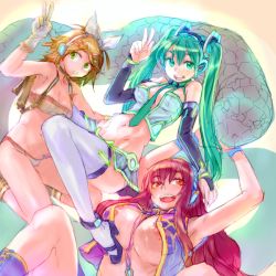 Rule 34 | 3girls, bad id, bad pixiv id, blonde hair, breasts, detached sleeves, gloves, green eyes, green hair, hair ornament, hair ribbon, hairclip, hatsune miku, high heels, huge breasts, kagamine rin, large breasts, long hair, medium breasts, megurine luka, midriff, multiple girls, navel, necktie, open mouth, red eyes, red hair, ribbon, shoes, short hair, thighhighs, twintails, uniskie saabunrou, v, vocaloid