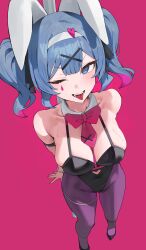 Rule 34 | 1girl, arm strap, arms behind back, bare shoulders, black leotard, blue eyes, blue hair, blush, breasts, commentary, english commentary, from above, hair ornament, hairband, hairclip, hatsune miku, highres, hood (james x), large breasts, leotard, long hair, looking at viewer, looking up, one eye closed, open mouth, pantyhose, playboy bunny, purple pantyhose, rabbit hole (vocaloid), simple background, smile, solo, standing, teardrop facial mark, tongue, tongue out, twintails, vocaloid, white hairband