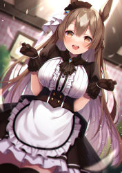 Rule 34 | 1girl, :d, amahara pekozaemon, animal ears, apron, black dress, black gloves, black thighhighs, blurry, blurry background, blush, breasts, brown eyes, brown hair, center frills, commentary request, depth of field, dress, dutch angle, frilled apron, frills, gloves, hair between eyes, half updo, hands up, highres, horse ears, indoors, long hair, looking at viewer, medium breasts, open mouth, puffy short sleeves, puffy sleeves, satono diamond (umamusume), shirt, short sleeves, smile, solo, thighhighs, umamusume, very long hair, waist apron, white apron, white shirt