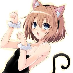Rule 34 | 1girl, animal ears, bare shoulders, blanc (neptunia), blue eyes, blush, breasts, brown hair, cat ears, cat tail, from side, iwashi dorobou -r-, kittysuit, looking at viewer, neptune (series), nontraditional playboy bunny, open mouth, paw pose, short hair, small breasts, solo, tail, upper body