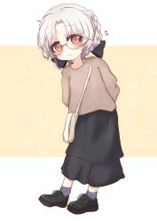 Rule 34 | 1girl, arms behind back, bag, black bow, black footwear, black skirt, blush, bow, braid, brown background, brown eyes, brown shirt, closed mouth, full body, glasses, grey hair, hair bow, heart, highres, hirato (kancolle), kantai collection, layered skirt, loafers, looking at viewer, parted bangs, purple socks, ribbed shirt, ridy (ri sui), shirt, shoes, shoulder bag, skirt, smile, socks, solo, standing, two-tone background, white background