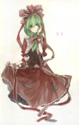 Rule 34 | 1girl, aqua eyes, arm ribbon, bad id, bad pixiv id, bow, dated, dress, female focus, front ponytail, green hair, hair bow, hair ornament, hair ribbon, hand in own hair, kagiyama hina, long hair, looking at viewer, red dress, ribbon, shrie, simple background, sitting, smile, solo, touhou, white background