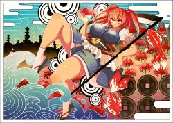 Rule 34 | 1girl, blue dress, blue sky, border, breasts, coin, covered erect nipples, dress, egasumi, expressionless, female focus, fish, flower, hand up, large breasts, leg up, legs, light, looking up, md5 mismatch, obi, onozuka komachi, polearm, puffy short sleeves, puffy sleeves, red eyes, red hair, sash, scythe, short dress, short sleeves, silhouette, sky, socks, solo, spider lily, statue, t a k e, tabi, thick thighs, thighs, touhou, two side up, waves, weapon
