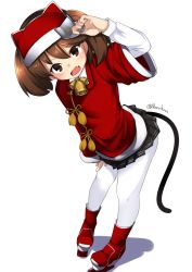 Rule 34 | 1girl, animal ears, black skirt, boots, brown eyes, brown hair, cat ears, cat tail, fang, full body, fur-trimmed shirt, fur trim, highres, japanese clothes, kantai collection, kariginu, leaning forward, long hair, looking at viewer, nassukun, pantyhose, pleated skirt, red footwear, red shirt, ryuujou (kancolle), shirt, simple background, skirt, solo, standing, tail, twintails, twitter username, visor cap, white background, white pantyhose