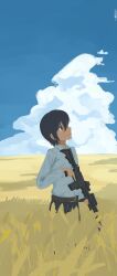 Rule 34 | 1girl, absurdres, akts625, androgynous, ar-15, assault rifle, belt, belt buckle, black hair, black pants, blue sky, breasts, brown belt, buckle, chinese commentary, cloud, collared shirt, commentary request, cumulonimbus cloud, day, dress shirt, from side, gun, hair between eyes, highres, holding, holding gun, holding weapon, kino (kino no tabi), kino no tabi, long sleeves, looking ahead, looking up, outdoors, pants, rifle, shirt, short hair, sky, small breasts, solo, standing, tomboy, trigger discipline, very short hair, weapon, wheat field, white shirt
