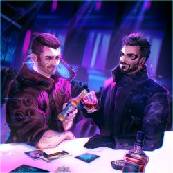 Rule 34 | 2boys, 6+others, adam jensen, alcohol, black coat, black gloves, blue eyes, bottle, brown hair, brown jacket, buzz cut, closed mouth, coat, commission, crossover, cup, cyberpunk (series), cyberpunk 2077, cyborg, deus ex, deus ex: human revolution, facial hair, gloves, goatee, highres, holding, holding bottle, holding cup, indoors, jacket, long sleeves, looking at another, multiple boys, multiple others, second-party source, short hair, sleeves past elbows, smile, tholia bentz, toasting (gesture), v (cyberpunk), very short hair, whiskey