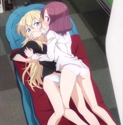 Rule 34 | 10s, 2girls, ahoge, artist request, ass, blonde hair, blue eyes, blush, covering own mouth, highres, looking at viewer, lying, multiple girls, new game!, purple eyes, purple hair, screencap, stitched, third-party edit, tooyama rin, yagami kou, yuri