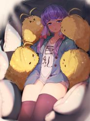 Rule 34 | &gt; &lt;, 1girl, absurdres, ahoge, antenna hair, artist request, blush, breasts, collarbone, commentary request, hair ornament, highres, hiiragi mikoto, hood, jacket, long hair, long sleeves, looking at viewer, open mouth, purple eyes, purple hair, purple thighhighs, shirt, short hair with long locks, sidelocks, sleeping, smile, solo, thighhighs, translation request, twintails, voiceroid, white shirt, yuzuki yukari