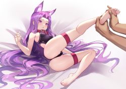 Rule 34 | 1boy, 1girl, animal ear fluff, animal ears, arm up, ass, barefoot, black leotard, breasts, cameltoe, cat ears, collar, fate/grand order, fate (series), feet, foot focus, foot massage, forehead, hair intakes, highres, holding with feet, kneepits, leg up, legs, leotard, long hair, lying, medusa (fate), medusa (lancer) (fate), medusa (rider) (fate), no tail, offscreen person, on back, open mouth, purple eyes, purple hair, rider, rui rubellent, small breasts, soles, thigh strap, thighs, toes, very long hair