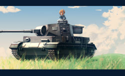 Rule 34 | 1girl, arm support, blue jacket, blue sky, blurry, blurry foreground, brown eyes, brown hair, cloud, cloudy sky, commentary, day, depth of field, girls und panzer, grass, hand on own throat, headphones, highres, jacket, jinguu (4839ms), letterboxed, long sleeves, military, military uniform, military vehicle, motor vehicle, nishizumi miho, ooarai military uniform, outdoors, panzer iv, panzer iv, short hair, sky, solo, tank, uniform, vehicle focus