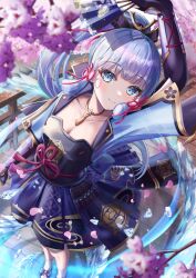Rule 34 | 1girl, aqua eyes, arm guards, armor, arms up, ayaka (genshin impact), blue hair, blunt bangs, blunt tresses, blush, breastplate, breasts, cherry blossoms, cleavage, flower knot, genshin impact, hair ornament, hair ribbon, hand fan, highres, holding, holding fan, japanese armor, japanese clothes, light blue hair, long hair, looking at viewer, medium breasts, mole, mole under eye, neck tassel, otabaaa, outdoors, petals, ponytail, ribbon, smile, solo, tassel, tassel choker, tress ribbon
