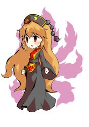 Rule 34 | 1girl, belt, black eyes, blush, bow, bowtie, breasts, chibi, chinese clothes, clip studio paint (medium), crescent, dairi, dress, energy, full body, grey belt, grey dress, grey hat, hair between eyes, hat, junko (touhou), long hair, long sleeves, looking to the side, medium breasts, open mouth, orange hair, phoenix crown, pom pom (clothes), red eyes, simple background, solo, standing, tabard, tachi-e, touhou, transparent background, white background, wide sleeves, yellow bow, yellow bowtie