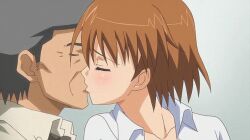 Rule 34 | 1boy, 1girl, animated, animated gif, anime screenshot, black necktie, brown hair, closed eyes, collarbone, father and daughter, grey hair, hetero, incest, kiss, light blush, looping animation, makino natsume, necktie, old, old man, older man and younger girl, oni chichi 2, shirt, short hair, white shirt