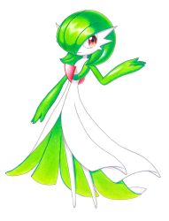 Rule 34 | 1girl, absurdres, bob cut, closed mouth, colored skin, creatures (company), female focus, flat chest, full body, game freak, gardevoir, gen 3 pokemon, green hair, green skin, hair over one eye, hand up, happy, highres, looking to the side, lotosu, multicolored skin, nintendo, pokemon, pokemon (creature), red eyes, shiny skin, short hair, simple background, smile, solo, standing, traditional media, two-tone skin, white background, white skin