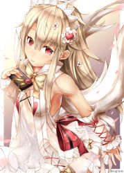Rule 34 | 1girl, asymmetrical sleeves, bare shoulders, blonde hair, blush, bow, bowtie, box, box of chocolates, breasts, cleavage, closed mouth, detached sleeves, dress, fate/kaleid liner prisma illya, fate (series), flower, frilled sleeves, frills, gradient background, hair ornament, hairband, heart, heart hair ornament, holding, holding box, illyasviel von einzbern, illyasviel von einzbern (choco angel), leaning forward, long hair, looking at viewer, mismatched sleeves, nose blush, petals, red eyes, red flower, red ribbon, red rose, ribbon, rose, see-through, short sleeves, small breasts, smile, solo, sugiyuu, twitter username, very long hair, white dress, white hairband, wrist ribbon, yellow bow, yellow bowtie