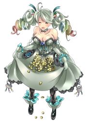Rule 34 | 10s, 1girl, absurdres, ahoge, bare shoulders, black pantyhose, blush, breasts, cleavage, closed eyes, coin, crystal, de la fille, detached collar, dress, gem, gradient hair, granblue fantasy, green hair, hair ornament, highres, jewelry, long hair, multicolored hair, pantyhose, skirt basket, twintails