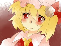 Rule 34 | 1girl, ascot, bad id, bad pixiv id, bandaid, blonde hair, bow, comic, crossed bandaids, embodiment of scarlet devil, eye reflection, female focus, flandre scarlet, frown, gradient background, hair bow, hammer (sunset beach), hat, red eyes, reflection, short hair, side ponytail, silent comic, solo, touhou