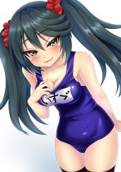 Rule 34 | 1girl, absurdres, black hair, black thighhighs, blue one-piece swimsuit, breasts, character name, cleavage, commentary request, cowboy shot, green eyes, hair ornament, hair scrunchie, highres, isuzu (kancolle), kantai collection, long hair, looking at viewer, makura (y makura), name tag, one-piece swimsuit, polka dot, polka dot scrunchie, red scrunchie, school swimsuit, scrunchie, simple background, small breasts, smile, solo, standing, swimsuit, thighhighs, twintails, white background