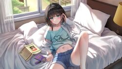 Rule 34 | 1girl, bare legs, bed, black hair, blue shirt, blue shorts, book, bra strap, closed mouth, crop top, denim, denim shorts, green eyes, hand up, highres, jacket, knee up, looking at viewer, midriff, navel, off shoulder, on bed, open clothes, open jacket, original, pillow, shirt, short hair, short shorts, short sleeves, shorts, sitting, smile, solo, stomach, superpig, thighs, white jacket