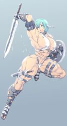 Rule 34 | 1girl, abs, absurdres, blue eyes, blue hair, breasts, cleavage, copyright request, female focus, fingerless gloves, gloves, highres, jin-jin, large breasts, muscular, muscular female, sandals, shield, solo, thong, weapon