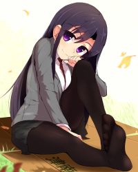 Rule 34 | 13-gou, 1girl, black hair, breasts, character request, closed mouth, feet, full body, long hair, looking at viewer, medium breasts, necktie, pantyhose, purple eyes, school uniform, sitting, skirt, smile, solo