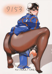 Rule 34 | 1girl, ass, black hair, black pantyhose, blue panties, blush, bracelet, brown eyes, brown hair, bun cover, capcom, china dress, chinese clothes, chun-li, clothes lift, content rating, cover, cover page, crotch seam, double bun, dress, dress lift, earrings, feet, from behind, hair bun, highres, huge ass, jewelry, lips, loincloth, looking at viewer, looking back, midou tsukasa, naughty face, non-web source, panties, panty pull, pantyhose, pelvic curtain, ribbon, scan, shadow, solo, spiked bracelet, spikes, spread legs, squatting, street fighter, thong, tiptoes, underwear