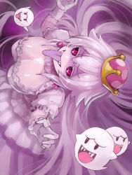 Rule 34 | 1girl, black sclera, boo (mario), breasts, cleavage, colored sclera, crown, dress, earrings, edobox, fangs, frills, gloves, jewelry, large breasts, long hair, luigi&#039;s mansion, mario (series), new super mario bros. u deluxe, nintendo, princess king boo, red eyes, sharp teeth, super crown, teeth, tongue, tongue out