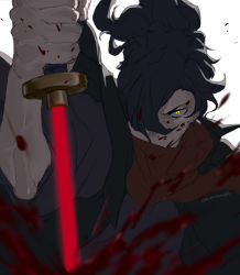 Rule 34 | 1boy, black hair, blood, blood on face, fate/grand order, fate (series), hair over one eye, highres, holding, japanese clothes, k (chissaiossan), katana, koha-ace, long hair, long sleeves, male focus, okada izou (fate), open mouth, ponytail, scarf, smile, solo, sword, weapon, yellow eyes