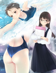 Rule 34 | 1girl, :t, air bubble, ama mitsuki, ass, barefoot, black dress, blouse, blue one-piece swimsuit, blush, brown eyes, brown hair, bubble, closed mouth, collared shirt, commentary request, competition swimsuit, dress, hair bun, highres, holding, holding breath, holding notepad, long hair, long sleeves, notepad, one-piece swimsuit, original, pinafore dress, pleated skirt, pool, school uniform, shirt, single hair bun, skirt, sleeveless dress, smile, standing, submerged, swimming, swimsuit, underwater, water, wet, white shirt