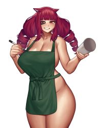 Rule 34 | 1girl, animal ears, apron, blunt bangs, blush, breasts, cinko, cleavage, cup, drill hair, green apron, highres, holding, holding cup, holding marker, huge breasts, iced latte with breast milk (meme), looking at viewer, marker, meme, naked apron, red eyes, shadow, simple background, smile, solo, stella hoshii, twin drills, va-11 hall-a, white background