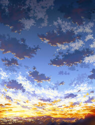Rule 34 | aoha (twintail), blue sky, cloud, cloudy sky, dark, forest, highres, horizon, morning, mountain, mountainous horizon, nature, orange sky, original, sky, sunlight, sunrise, tree