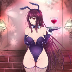 Rule 34 | 1girl, alcohol, animal ears, arm behind back, breasts, brick wall, cowboy shot, cup, detached collar, drinking glass, elbow gloves, fake animal ears, fate/grand order, fate (series), fishnet thighhighs, fishnets, gloves, hair between eyes, hand up, highres, holding, holding tray, indoors, large breasts, leotard, long hair, looking at viewer, open mouth, parted lips, playboy bunny, purple gloves, purple hair, purple leotard, rabbit ears, red eyes, scathach (fate), solo, sukumo (kemutai), sweat, sweatdrop, thighhighs, thighs, tray, very long hair, wine, wine glass, wrist cuffs