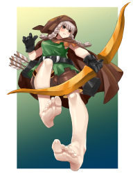 Rule 34 | 1girl, arrow (projectile), bare legs, barefoot, belt, blonde hair, bow (weapon), braid, breasts, brown cape, brown eyes, brown hair, cape, cloak, dragon&#039;s crown, eiji (eiji), elf, elf (dragon&#039;s crown), feet, foreshortening, gloves, hair between eyes, highres, hood, long hair, looking to the side, medium breasts, pointy ears, quiver, shorts, sleeveless, twin braids, weapon