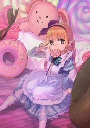 Rule 34 | &gt;:), 10s, 1girl, arm support, bad id, bad pixiv id, blonde hair, blunt bangs, bow, brown eyes, candy, commentary request, doughnut, dress, dutch angle, food, futaba anzu, hair bow, hairband, highres, idolmaster, idolmaster cinderella girls, juliet sleeves, knees together feet apart, lollipop, long sleeves, looking at viewer, mouth hold, muted color, niwakaike, oversized object, pointy ears, polka dot, puffy sleeves, sidelocks, sitting, solo, stuffed animal, stuffed rabbit, stuffed toy, swirl lollipop, twintails, v-shaped eyebrows, v over eye, white legwear