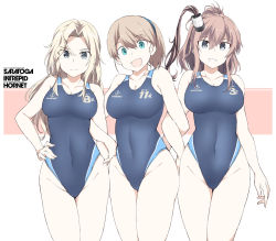 Rule 34 | 3girls, alternate costume, blonde hair, blue eyes, blue one-piece swimsuit, breasts, brown hair, character name, cleavage, closed mouth, clothes writing, collarbone, competition swimsuit, cowboy shot, grey eyes, hair between eyes, hair ornament, hand on own hip, head tilt, hornet (kancolle), intrepid (kancolle), kantai collection, large breasts, legs together, locked arms, long hair, looking at viewer, multiple girls, one-piece swimsuit, open mouth, ponytail, saratoga (kancolle), shigino sohuzi, short hair, side-by-side, side ponytail, simple background, smile, standing, swimsuit, thighs, white background, wide hips