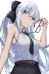 Rule 34 | 1girl, absurdres, bare shoulders, black bow, blue eyes, blush, bow, braid, breasts, collared shirt, dress, fate/grand order, fate (series), glasses, green necktie, grey hair, hair bow, half up braid, highres, large breasts, long hair, long sleeves, looking at viewer, morgan le fay (chaldea satellite station) (fate), morgan le fay (fate), necktie, office lady, pencil skirt, ponytail, shirt, sidelocks, skirt, sleeveless, sleeveless shirt, solo, toukan, very long hair, white background, white shirt