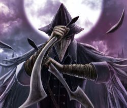 Rule 34 | 1girl, ajaco a, bloodborne, cape, crowfeather set, dual wielding, eileen the crow, from software, gradient background, hat, holding, mask, moon, plague doctor, sword, weapon