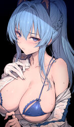 Rule 34 | 1girl, bikini, black background, blue bikini, blue eyes, blue hair, blush, breasts, cleavage, collarbone, gloves, goddess of victory: nikke, hair ornament, hand on own chest, haoni, helm (aqua marine) (nikke), helm (nikke), highres, large breasts, long hair, long sleeves, looking at viewer, official alternate costume, parted lips, ponytail, sideboob, sidelocks, simple background, single bare shoulder, solo, swimsuit, underboob, upper body, white gloves
