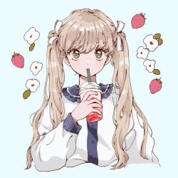 Rule 34 | 1girl, blonde hair, blue background, brown eyes, buttons, commentary, cup, disposable cup, dot nose, drink, drinking straw, drinking straw in mouth, flower, food, frilled shirt collar, frills, fruit, hair ribbon, highres, light blush, long hair, long sleeves, looking at viewer, multicolored shirt, original, ribbon, s5fz9, shirt, simple background, solo, strawberry, swept bangs, twintails, upper body, white flower, white ribbon, white shirt